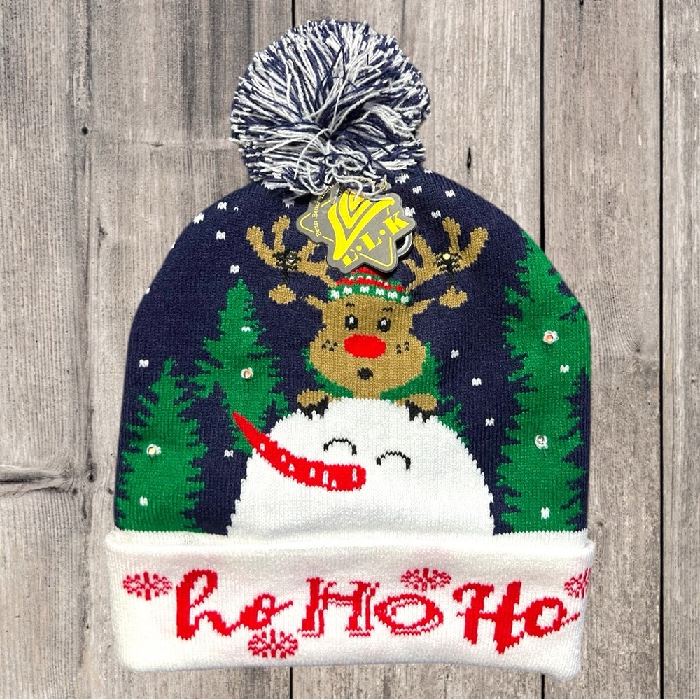 Festive Holiday Knit Beanie with Reindeer and Snowman Design